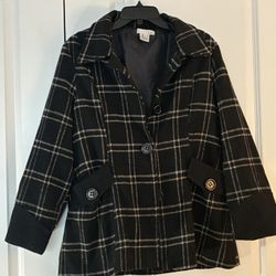 Luii Black and Cream Plaid Pea Coat Size PL