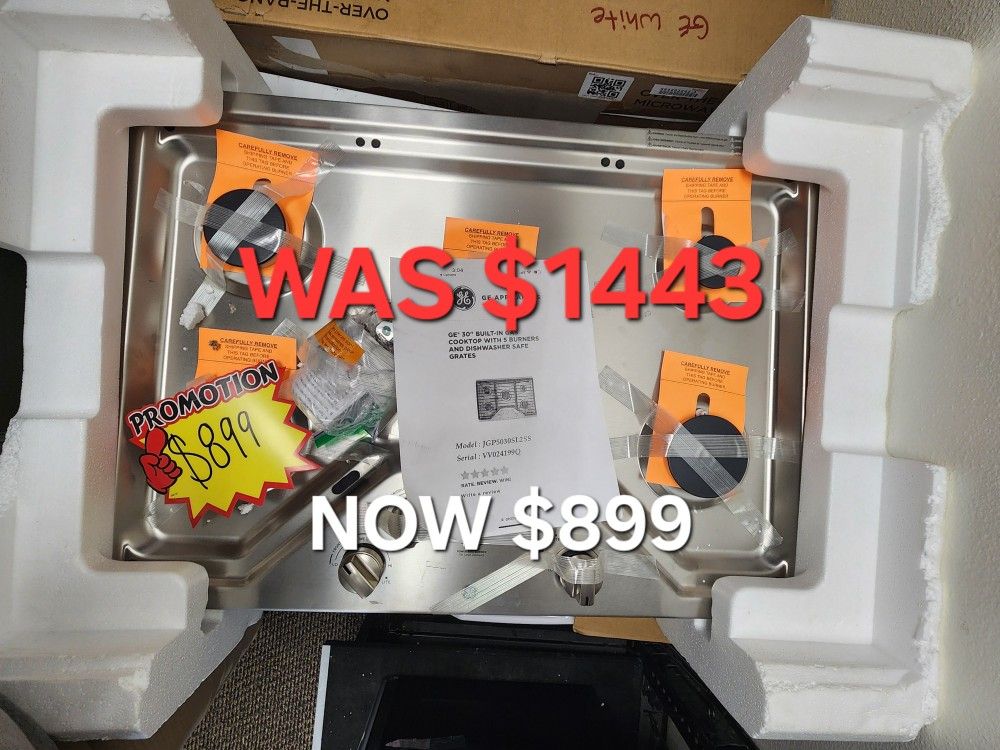 GE* 30" BUILT-IN GAS
COOKTOP WITH 5 BURNERS
AND DISHWASHER SAFE
GRATES