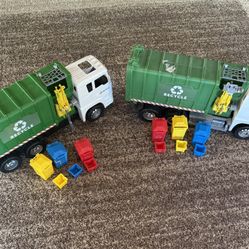 2 Toy Trash Trucks With Trash Cans 