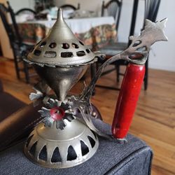 Golden Brass Lobandan Incense Burner Vintage Hand-Crafted Hindu Wooden Handle