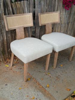 Mid Century Modern Rattan Dining Chairs Set of 2, Upholstered Linen Dining Room Chairs with Cane Back, Solid Wood Legs, Kitchen Accent Chairs for Apar