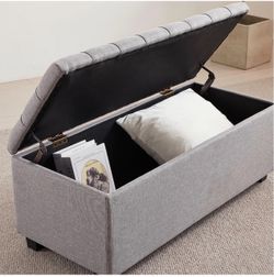 38” Storage Ottoman Bench – Gray Linen Tufted Seat, Hinged Lid & Footrest