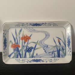 Porcelain Floral Rectangular Serving Tray in Blue and Orange