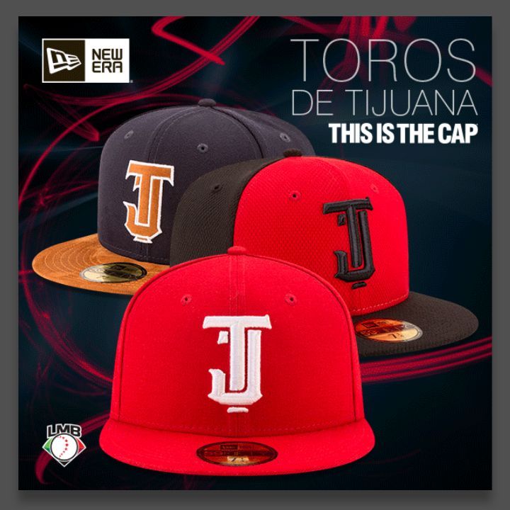 Tijuana Toros New Era LMB 59FIFTY 5950 Fitted Cap Team Color Hat Black Crown/Visor Red/White TJ Logo 6 7/8