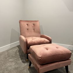 Pink Velvet Upholstered Chaise Lounge Chair W/ Ottoman & Adjustable Back - NEW - RETAILS FOR $1249