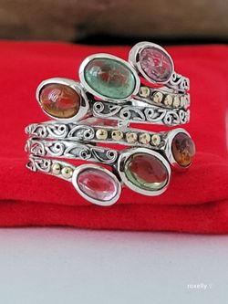 925 Sterling Silver Ring and 18K Yellow Gold, Tourmaline Gemstones Ring Size 8!/ Anillo de Plata y Oro con Piedras Preciosas! 👌🎁Post Tags: Anillo de