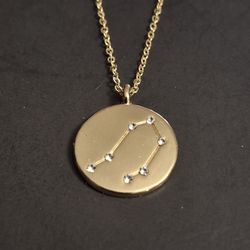 Gold Plated Zodiac Horoscope Sign Pendant Necklace Disc Astrology Constellation Gemini Disc W/CZ Crystals 17" W/3 Extra Inches Lobster Clasp