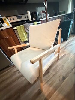 Mid-Century Modern Wood Armchair with White Cushions