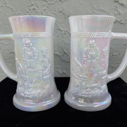 FEDERAL White Iridescent Glass Tavern Beer Stein Mug Set (of 2)