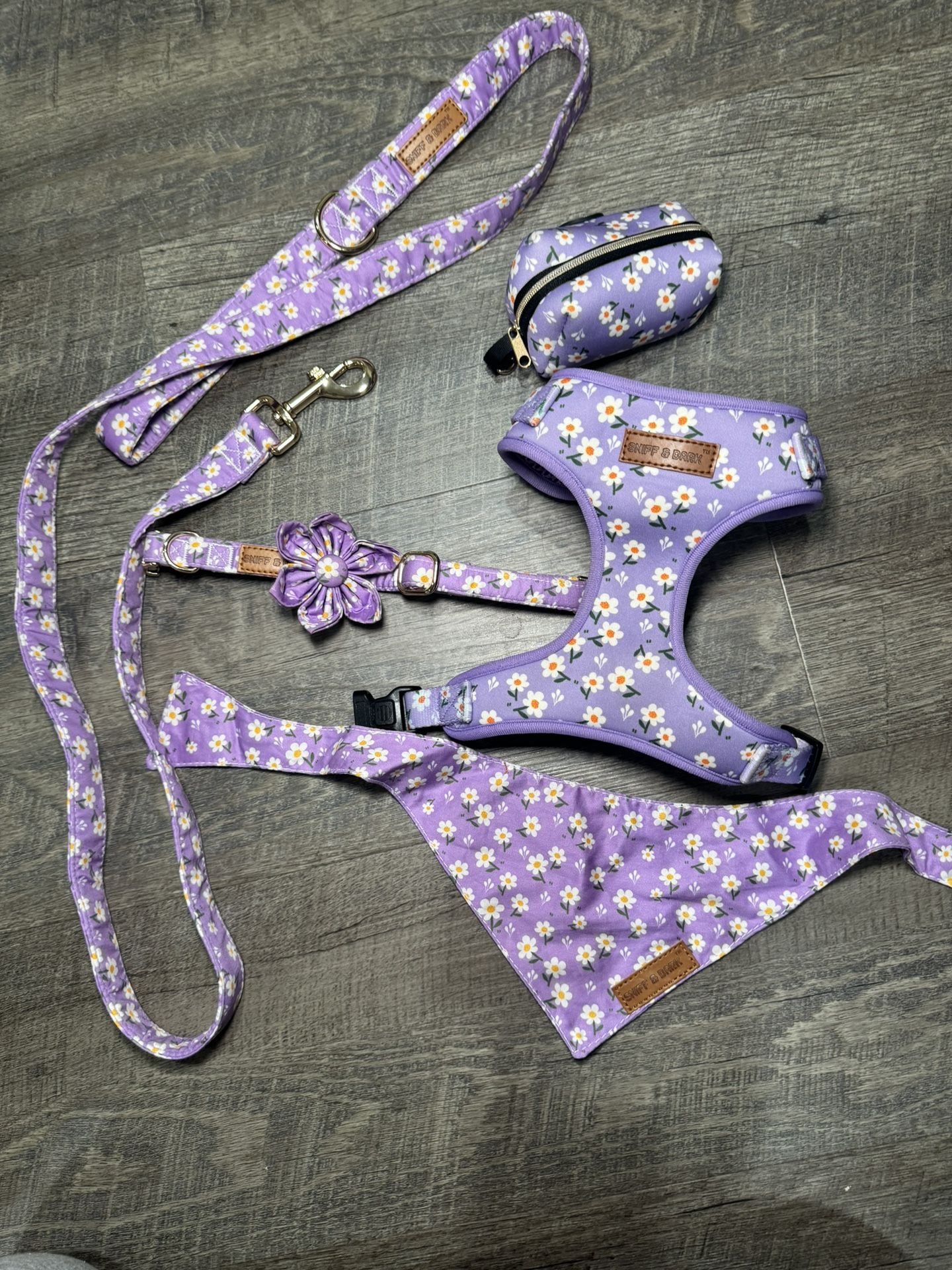 Purple Daisy Flower Harness, Leash, Collar, Bandana & Poop Bag Set
