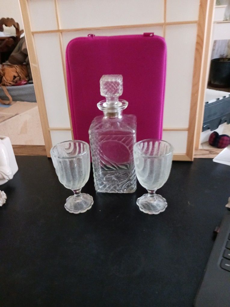 Antique Art Deco Decanter Crytal Set With Two Glasses