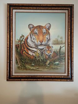 Framed Tiger and Cub Oil Painting