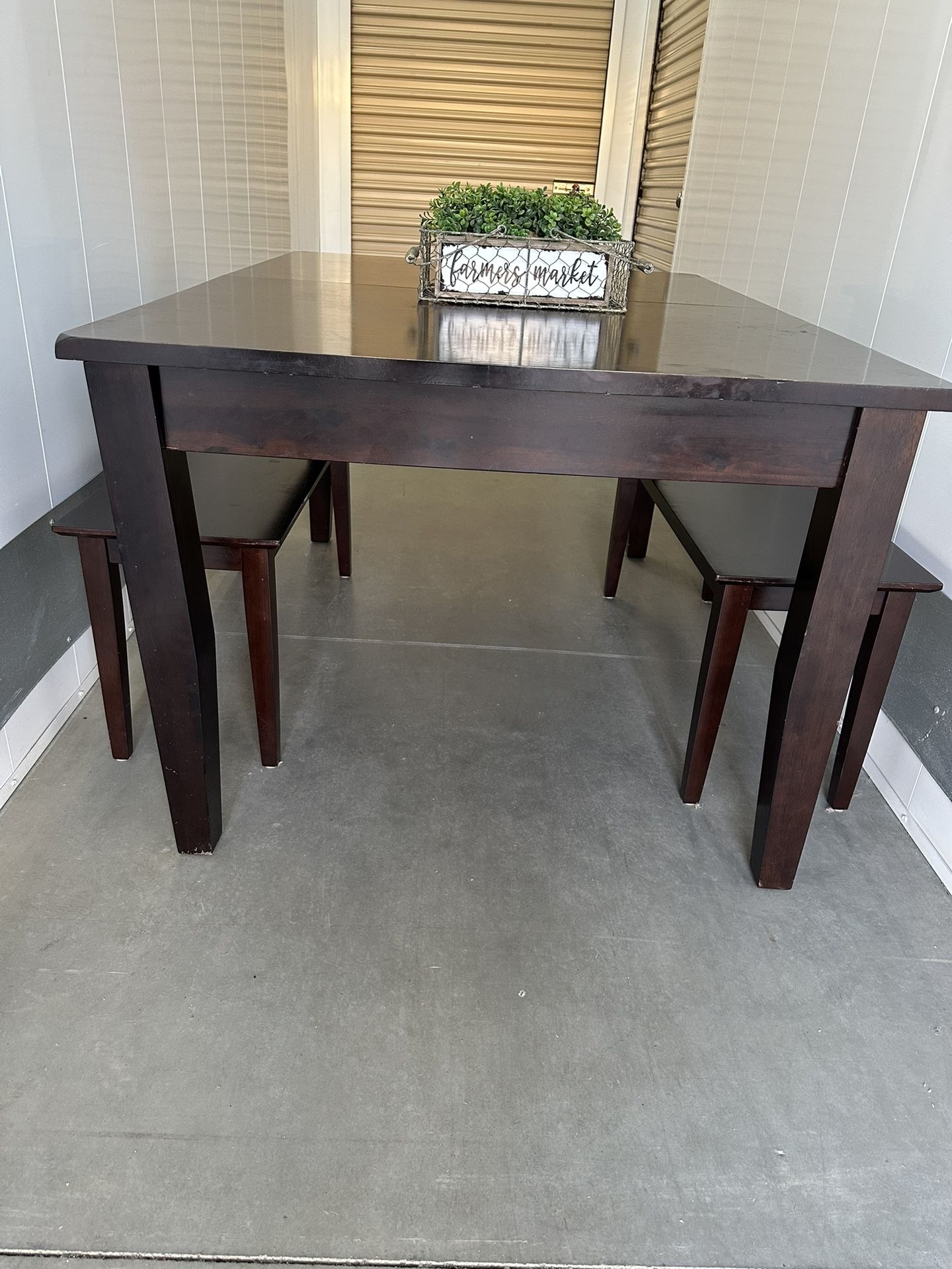 Heavy Solid Wood Dining Room Table And 2 Long Benches