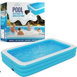 Inflatable Swimming Pool with Built-in Air Pump (Blue, Large, 120" x 72.8" x 23.6") - for Kids & Adults - Includes Repair Kit - Self Inflating Blow Up
