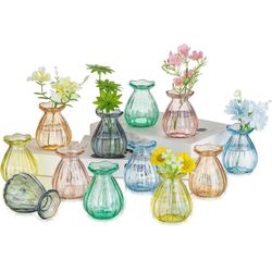 Small Bud Vases for centerpieces: 12 Pcs Glass Colored Vase for Flowers - Mini Ribbed Vases