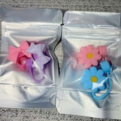 Bow & Daisy Flower Tumbler Straw Toppers 4 Piece Bundle Pink Purple Blue