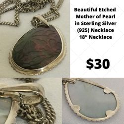 Beautiful etched mother of pearl in sterling silver 925 necklace 18 inches long