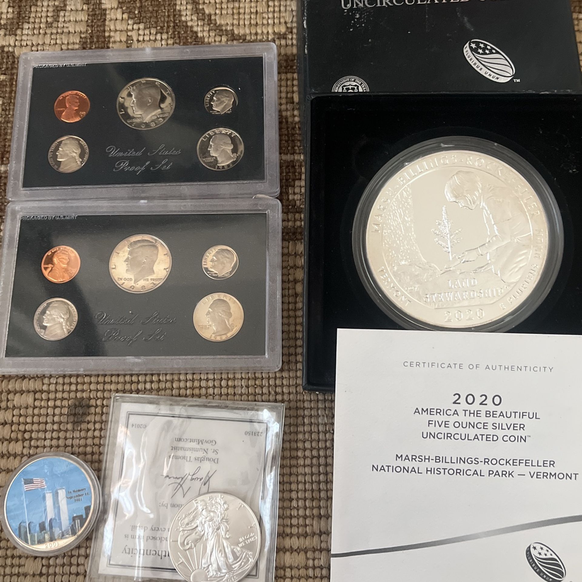 5oz. Silver Coin, 2 (1oz) Silver Coins, 10 Proof Coins
