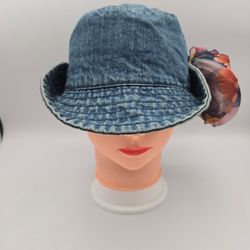 Women's Blue Denim Floral Bow Accent 100% Cotton BucketHat Size S