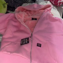 FB county pink fluffy zip up hoodie (large)