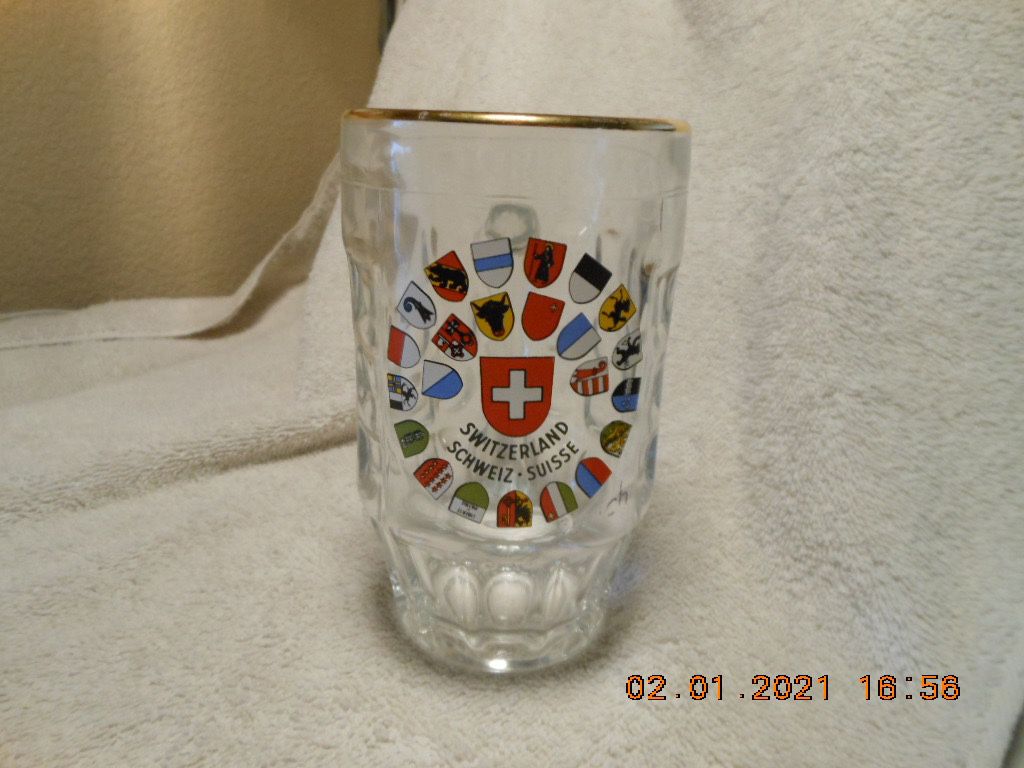 New Switzerland Souvenir Glass Mug/Stein w/Cities Coats of Arms Schwitzerland-Schweiz-Suisse