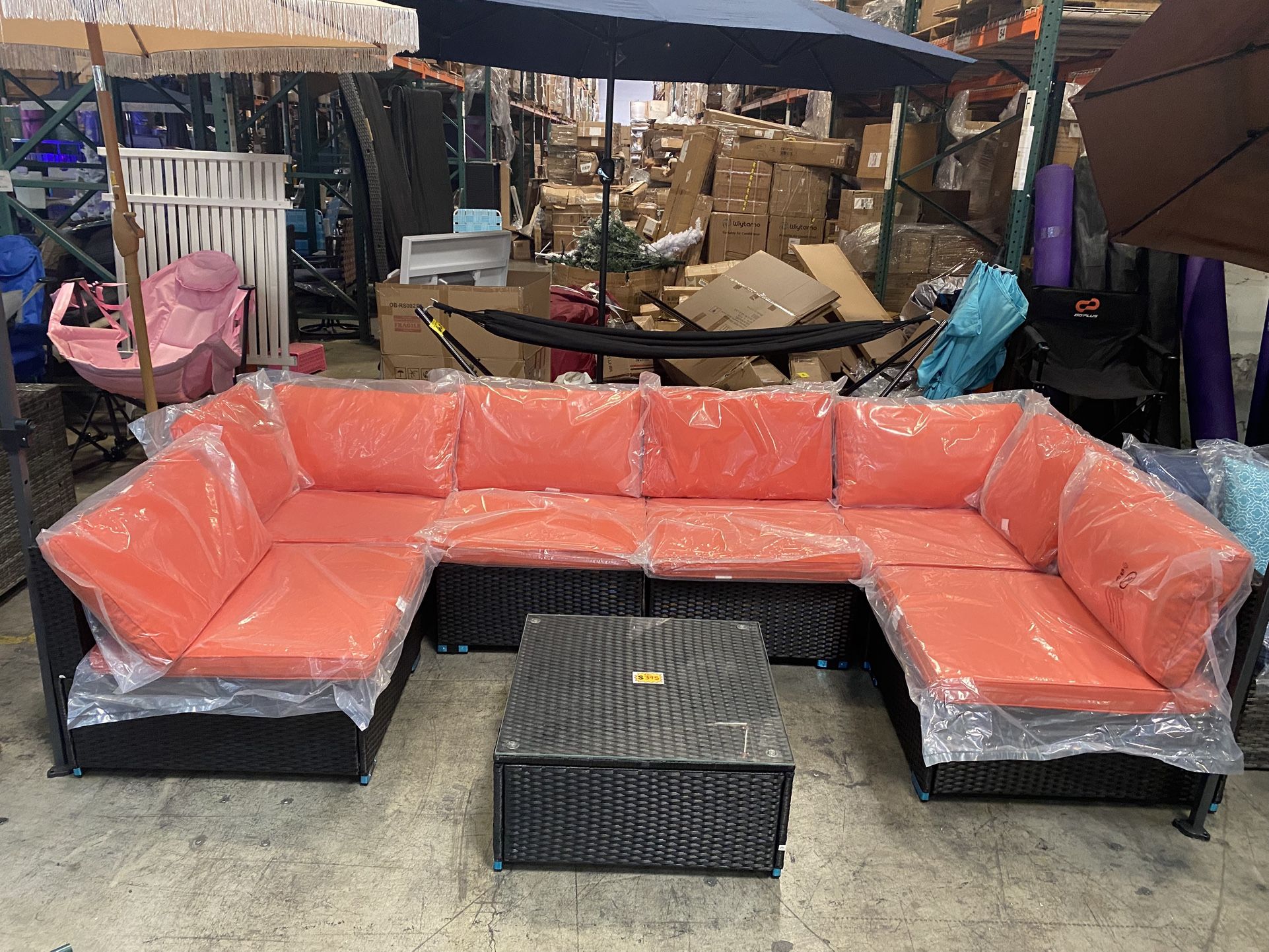 7 Pc Outdoor Conversation Patio Set With Orange Cushions