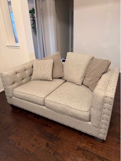 2 Beige Tufted Nailhead Trim Sofa – Transitional Style