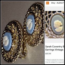 NEW VINTAGE SARAH COV SARAH COVENTRY CLIP ON SILVER BABY BLUE VICTORIAN CAMEO EARRINGS