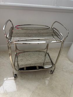 West Elm Chrome Glass Bar Cart Rolling 2 Tier Serving Cart Hollywood Regency