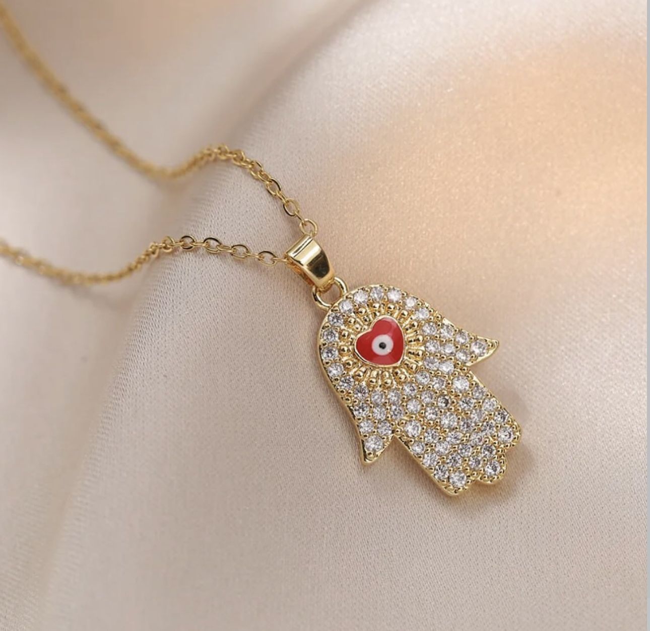 Gold Plated  Pave Hamsa Necklace 