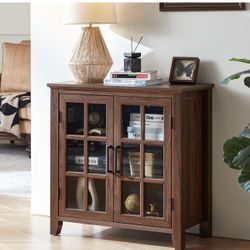 Large Sideboard Buffet Cabinet with Storage, 32" Farmhouse Kitchen Coffee Wine Bar Cabinet with 2 Glass Doors, Wood Mid Century Modern Side Board Tabl