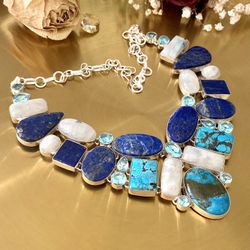 Turquoise, Lapis, Rainbow Moonstone And Blue Topaz 925 Sterling Silver Overlay Cluster Necklace