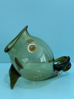 Vintage Mid-Century Modern Blenko Green Hand Blown Glass Fish Bowl Vase