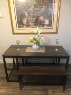 Like new espresso color dining bar table set with 2 benches