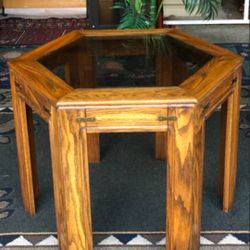 Glass Top Hexagon Oak Coffee Table - 30W x 21H - Temperate glass  (in the pics it looks more yellow)
