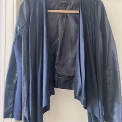 Suede Drape Front Leather Jacket- Navy