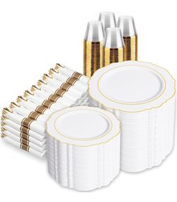 Liacere 700PCS Gold Plastic Plates - Baroque Dinnerware Sets for 100 Guests - 200 Disposable Plates(10inch,7inch), 300 Gold Plastic Silverware, 100 Cu