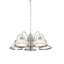 New 23” W 5-Light Brushed Nickel Chandelier with Frosted Ribbed Glass Shades Adjustable Height 