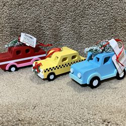 Target lot of 3 Wooden Christmas ornaments Cars Truck Taxi cab Vintage look