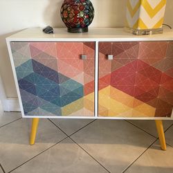 Modern Mid-Century Cabinet – Colorful Geometric Doors + Yellow Legs