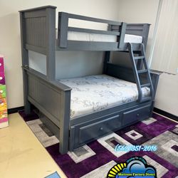 Twin Queen Grey Solid Wood Bunk Bed With Pull Out Trundle Bed