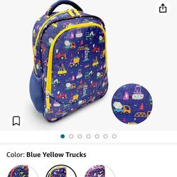 Kinsho Blue Yellow Trucks Small Backpack (construction themed)