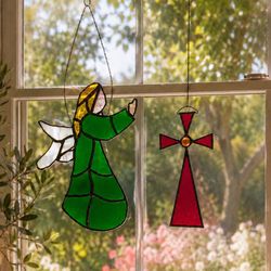 Vintage Lot 2 Stained Tiffany Style Glass Angel & Cross Sun Catchers – Window Hanging Decor Handcrafted Art Window Wall Hanging Artwork Hand Crafted 