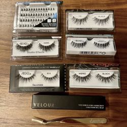 New Lot of 6 Ardell False Lashes Fake Lashes Cat Eye, Velour Lashes Lash Adhesive Black Lash Glue & Tarte False Lash Applicator. $44 Value 