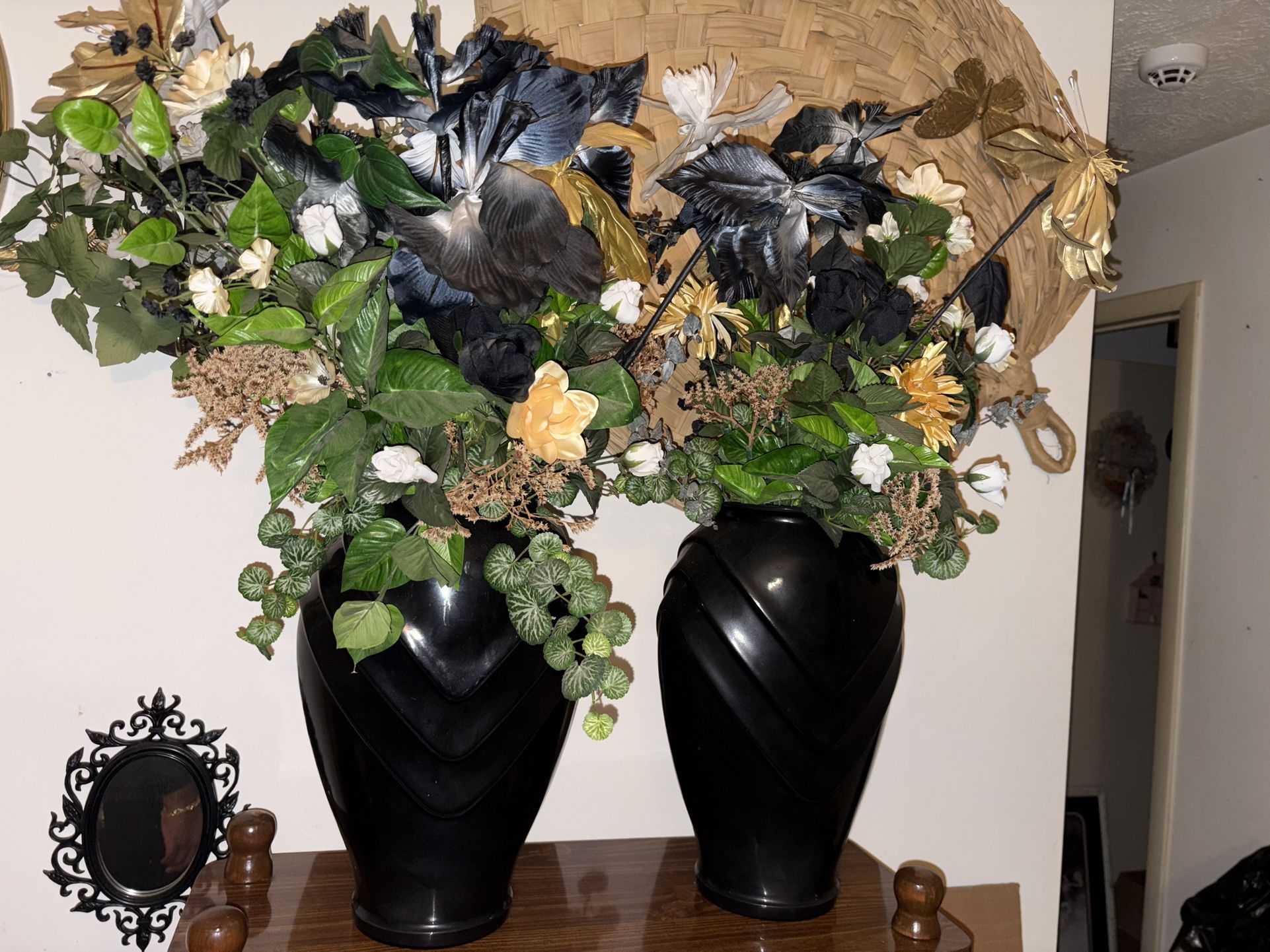 Large Matching Floral Arrangements in Black Vases – Set of 2 – $80