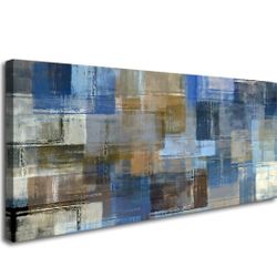 DZL Art A74875 Large Abstract Wall Art Grey and Blue Canvas Prints Painting Framed wall art Canvas W