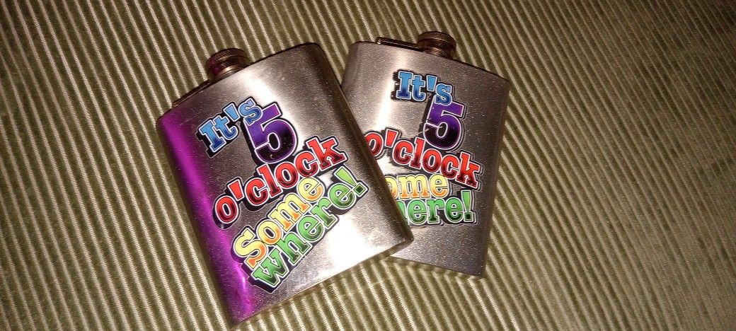 Pair Of Never Used Stainless Steel Screw Top 5 O'clock Somewere Flask Deal