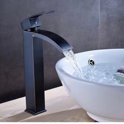 Waterfall Spout One Hole Solid Brass Vessel Sink Faucet In Antique Black F50