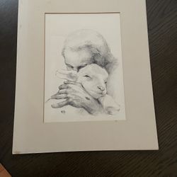 Vintage Katherine F Brown KFB Jesus and the Lamb Pencil Sketch Print. 15.5” X 12.5” w/border