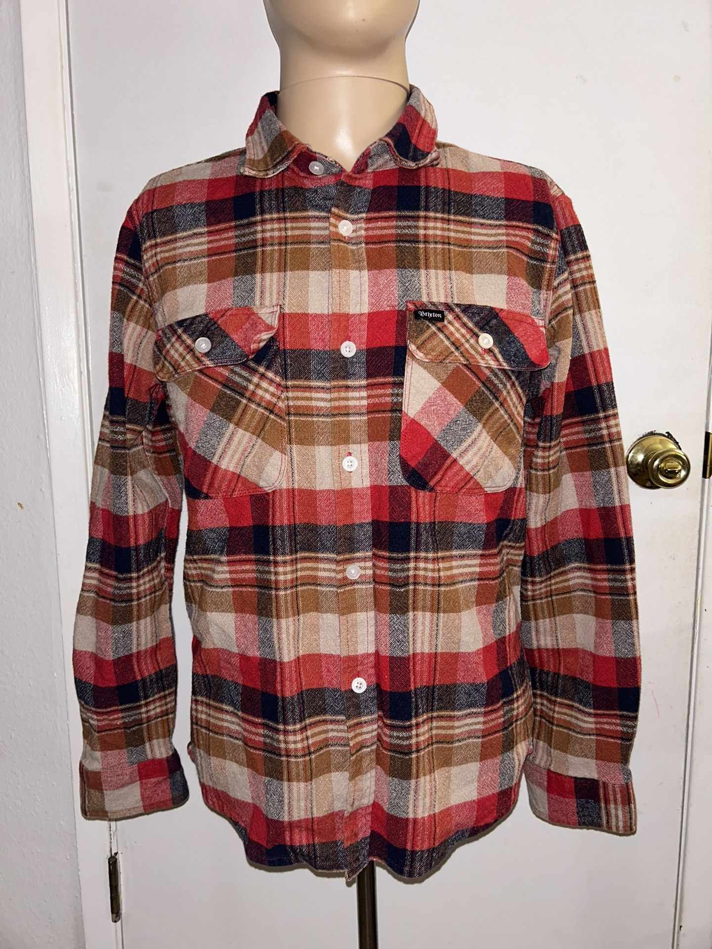 Brixton Mens Long Sleeve Button Up Red Plaid Heavy Flannel Top Shirt Sz S